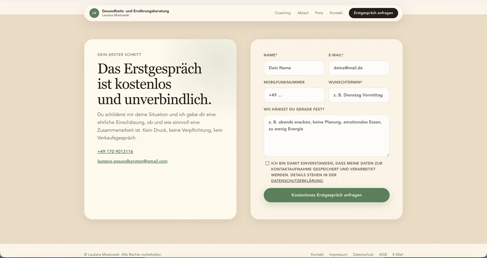 Kontaktstrecke der Lautana Landingpage mit Erstgespräch-Formular